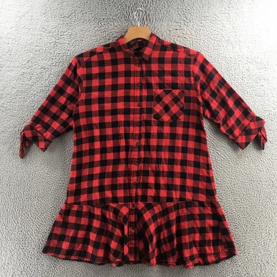 Camisa feminina GAP Peplum L pequena vermelha preta búfalo xadrez flanela botão frontal - Imagem 1 de 4