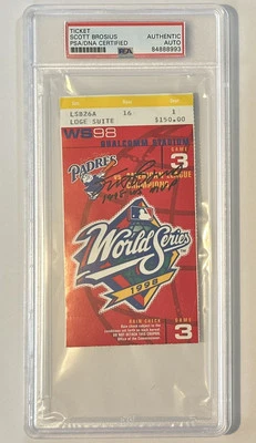 Boleto de la Serie Mundial de 1998 firmado con autógrafo por Scott Brosius GM 3 “1998 WS MVP” PSA Foto 1 de 2