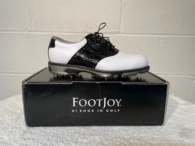 NEW FootJoy [8] X-Wide Men DRYJOYS TOUR Croc Spiked Golf Shoes-White/Black 53767 - Image 1 of 4