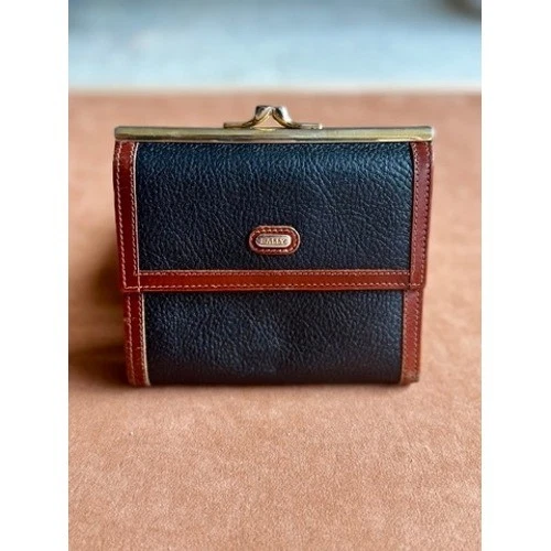 Cartera Monedero Bally Vintage Doble Plegable Cuero Marrón Negro Cierre Kisslock Foto 1 de 4