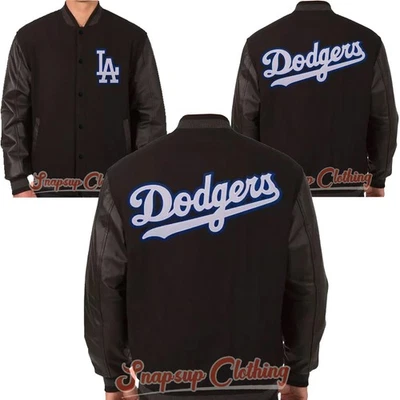 Unisex Black Wool Leather Retro Classic MLB LA Dodgers Letterman Varsity Jacket - Image 1 of 4