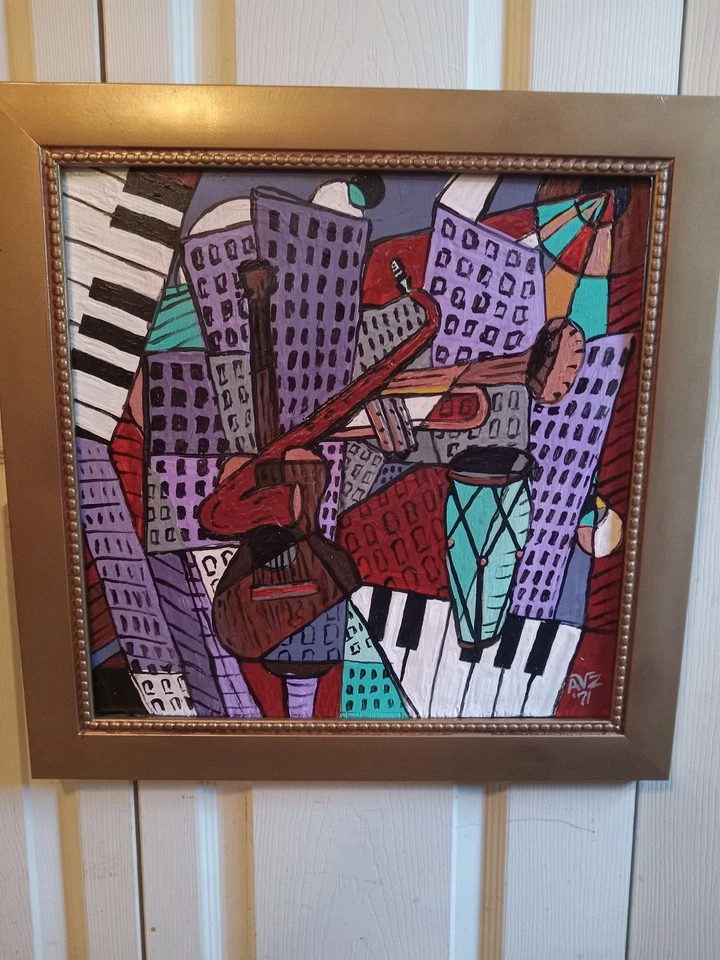 Instrumentos musicales cubistas modernistas de colección pintura y paisaje urbano firmados AVZ 1971 Foto 1 de 4