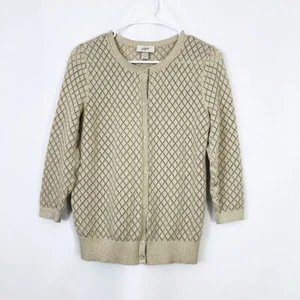 Ann Taylor LOFT Womens S Metallic Shimmer Beige 3/4 Sleeve Button Up Sweater - Picture 1 of 4