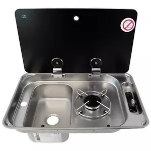 CAN FL1324 FREGADERO IZQUIERDO QUEMADOR ÚNICO PLACA COMBI CON TAPA CRISTAL AUTOCARAVANA BARCO - Imagen 1 de 9