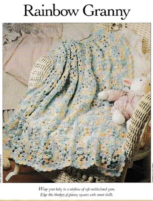 Manta cuadrada para bebé Rainbow Granny - 37" x 46" - hilo deportivo - patrón de ganchillo SOLO Foto 1 de 2