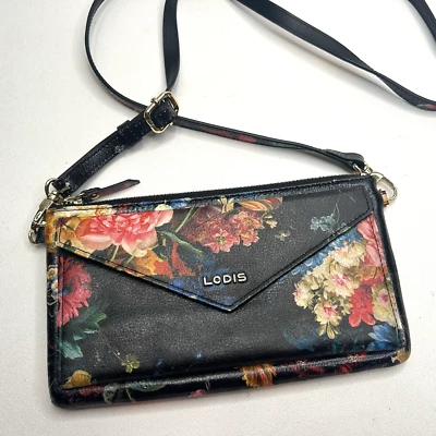 Bolsa carteira tiracolo LODIS couro preta com flores coloridas floral pulseira - Imagem 1 de 4