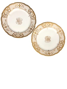 Lovely Set of 2 Ambrosius Lamm Dresden Gold Encrusted Dinner Plates - Picture 1 of 20