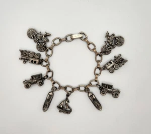 Vintage Silver tone Charm Bracelet Car Boat Train Bike - Picture 1 of 24