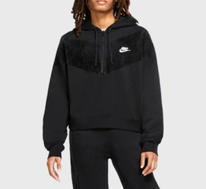 Nike Heritage 1/2 Zip Hoodie Velvet V-Stripe Womens Medium Black DM1755-010 - Picture 1 of 11