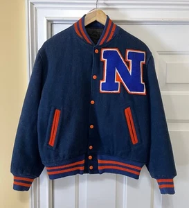 Vintage Wool Letterman Bomber Jacket Newton South Lions Large Blue Orange - Bild 1 von 7