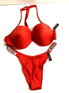 Victoria's Secret Shine Strap Fabulous Push Up Bikini Swim Brazilian 2PC Set Red - Picture 1 of 5