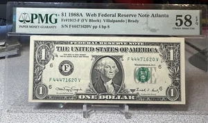 1988A $1 Web Note FRN- fr. 1917-F (F44471621V)-Run 7- F-V Block 4/8 - PMG 58 EPQ - Picture 1 of 8