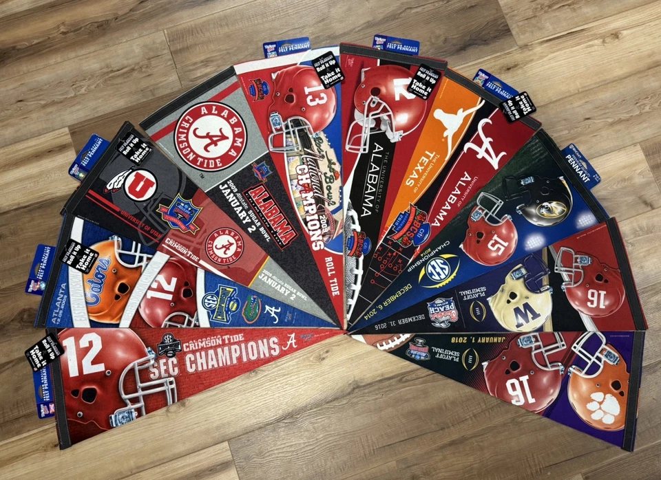 Lote de 10 flâmulas de futebol macio Alabama 2009-2018 Saban SEC BCS Playoff - Imagem 1 de 1