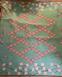 Vintage Hand Appliqued Hand Quilted Poppy Floral Quilt Colorful 78 x 86 Stunning - Picture 1 of 24