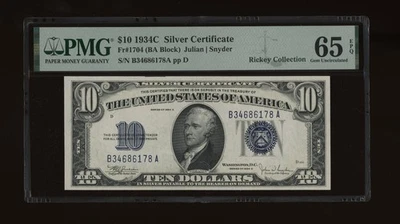 DBR 1934-C $10 Silver Gem Fr. 1704 PMG 65 EPQ Serial B34686178A - Image 1 of 2