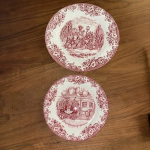 2 Johnson Brothers Coaching Scenes Pink Transfer Ware 9 3/4” & 7 3/4” Plates - Picture 1 of 8