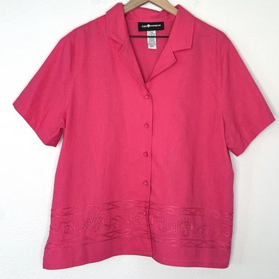 Vintage Sag Harbor Linen Blend Button Down Top Sz L Pink Embroidered Coastal  - Image 1 of 4