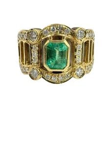 Estate 1 ctw Natural Colombian Emerald & Diamond Cigar Band Ring Platinum/18k YG - Picture 1 of 6