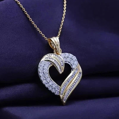 2 Ctw Baguette & Round Cut Moissanite Heart Charm Pendant 14K Yellow Gold Plated - Изображение 1 из 4