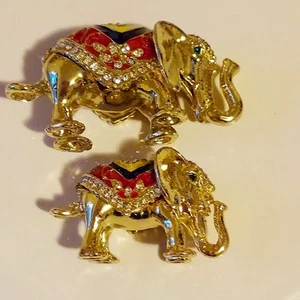 Elephant Mother & Baby Set Of 2 Rhinestone Enamel Secret Box Goldtone - Picture 1 of 5