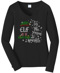 Christmas Elf Tis The Season Damen Shirt Damen V-Ausschnitt Glitzer Langarm - Bild 1 von 11