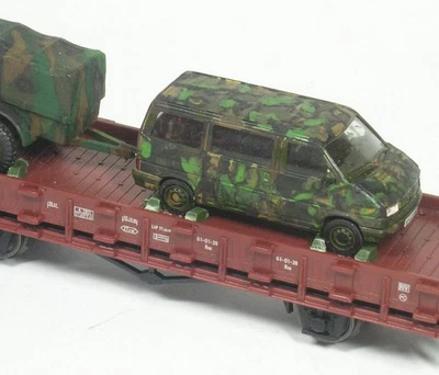H0 Niederbordwagen Roo DR m. VW Bus m. Anhänger BW getarnt Piko 57701 KKK TOP ! - Bild 1 von 3