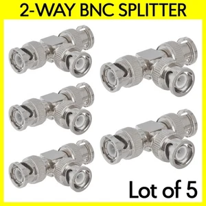 5 Pack BNC Plug to 2x BNC Plugs T-Adapter Coax Coaxial Cable 2-Way Splitter - Picture 1 of 2