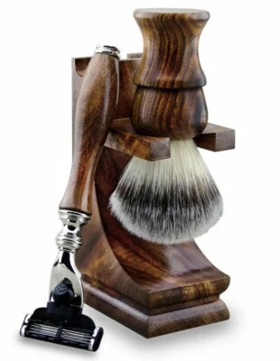 Kit de juego de afeitado de madera de 3 piezas cepillo de afeitar para hombres 3 hojas de borde cartucho soporte de afeitar Foto 1 de 4