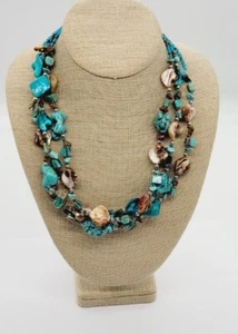 Turquoise Dyed Stone NUGGET Necklace Layered Three Row Adjustable Brown Shell - Picture 1 of 7