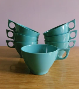 Vintage Turquoise Melmac Coffee Cups Kenro Brand Set of 7 Retro Mid Century 1950 - Picture 1 of 4