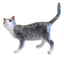 Miniature Ceramic Cat figurine, Grey Tabby with White -Head turned App5.5cm H