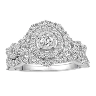 1.00ctw Diamond Round Cluster Bridal Wedding Ring Set 14k White Gold - Image 1 of 2