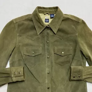 Chaqueta occidental vintage de cuero de gamuza de vaca Gap para mujer oliva con botones a presión - Imagen 1 de 17