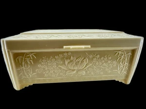 Vintage Ivory Plastic Jewelry Box Mirror Lotus Floral Asian Scene 1950s - Picture 1 of 19