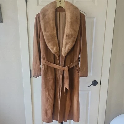 Gabardina vintage New England Sportswear Co. marrón gamuza cuello piel Foto 1 de 4