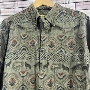 VTG Cabela's mens XL shirt flannel Deerskin Soft Chamois Green Wolf Aztec Button - Picture 1 of 18