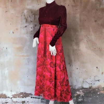 Vintage 70s Burgundy Velvet Silk Chiffon Paisley Gothic Gown Empire Waist Dress  - Image 1 of 4