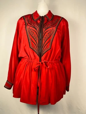 Blazer Bob Mackie Usable Art 100% Seda Talla 2X Largo Corbata Cintura Cintada Rojo Negro Foto 1 de 4