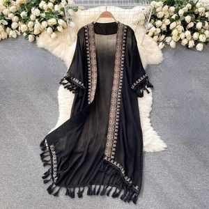Ethnic Women Cardigan Coat Boho Long Kimono Top Beach Cover Up Chiffon Tassel-- - Picture 1 of 13
