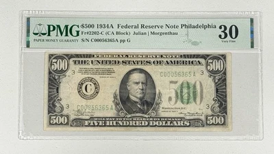 1934-A $500 Federal Reserve Note PMG 30 Philadelphia Banknote Fr. 2202-C - Image 1 of 2