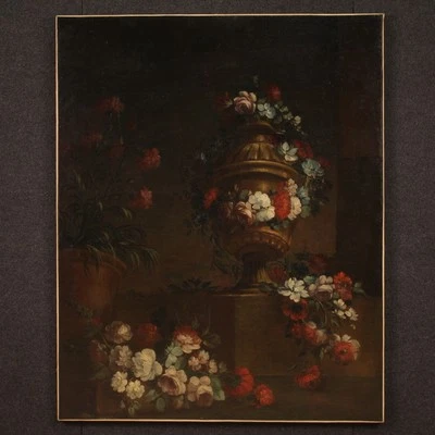 Tableau huile sur toile ancienne nature morte 18ème siècle vase fleurs peinture - Photo 1/4