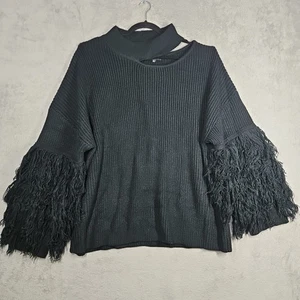 Buxom Curvy Sexy Black Long Fringed Slvs Peek-a-Boo Mock Split Neck Sweater 3X - Picture 1 of 16