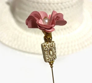 HATPIN with PEACH Fabric FLOWER & Pearl +Rhinestones set in Gold Finish - 8 inch - Picture 1 of 11