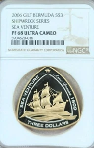 2007 BERMUDA SILVER 3 DOLLARS SHIPWRECKS SEA VENTURE NGC PF 68 ULTRA CAMEO TOP - Picture 1 of 4