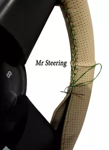 BEIGE PERFORATED LEATHER STEERING WHEEL COVER FOR MG TC 1945-1950 GREEN STITCH - Picture 1 of 2