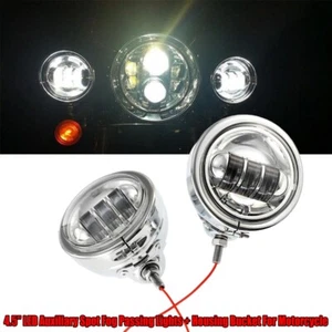 Chrome 4.5"LED Auxiliary Spot Passing Fog Lights Lamps Housing Bucket For Harley - Picture 1 of 12