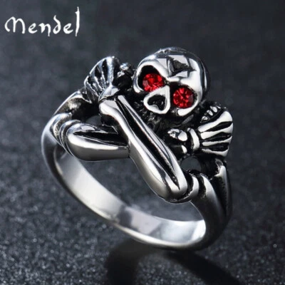MENDEL Goth Mens CZ Skull and Bones Eye Ring For Men Stainless Steel Size 7-15 - Image 1 of 4