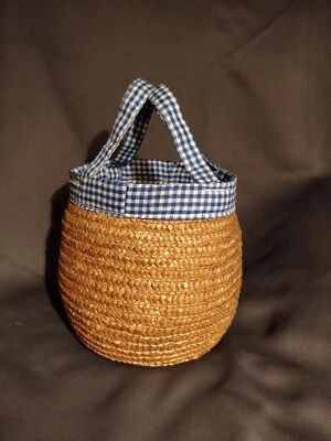 Harvest Basket with Handles Blue Gingham Fabric Liner Cottage Core Farmhouse - Image 1 of 4