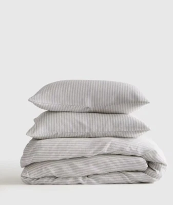 NWOT QUINCE EUROPEAN LINEN DUVET COVER SET MIST WHITE STRIPE FULL QUEEN FLAX - Image 1 of 4