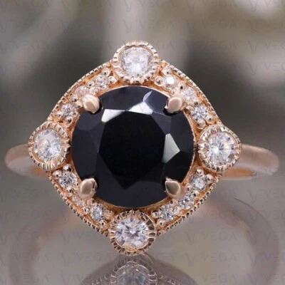 Anillo de oro rosa sólido real de 14 k de ónix negro natural y diamantes de corte redondo de 5,30 quilates Foto 1 de 4
